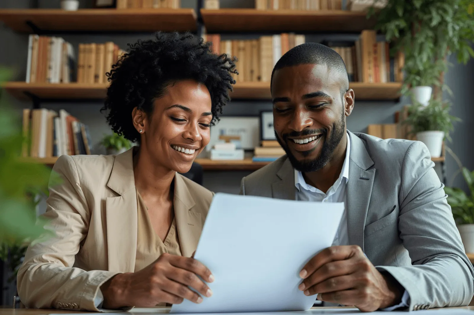 Two professionals smiling as they read a printed document together