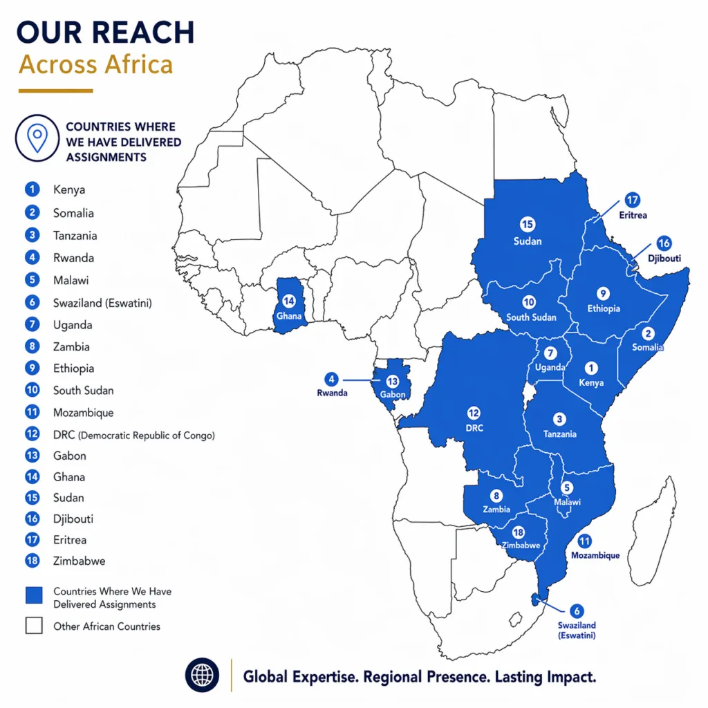 Map of Africa with the 18 countries where M.N. Cliff has delivered assignments shaded blue