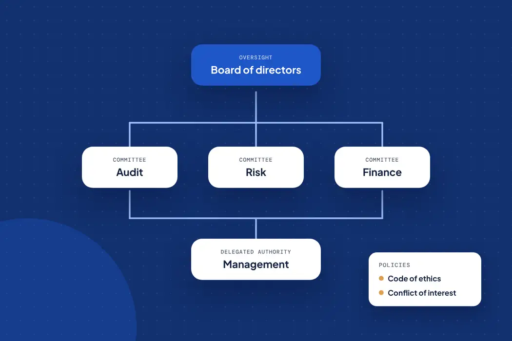 Illustration of a governance structure with a board, audit, risk and finance committees, and management