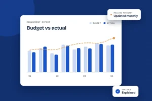 News and Insights 5 Illustration of a budget versus actual bar chart with a rolling forecast line